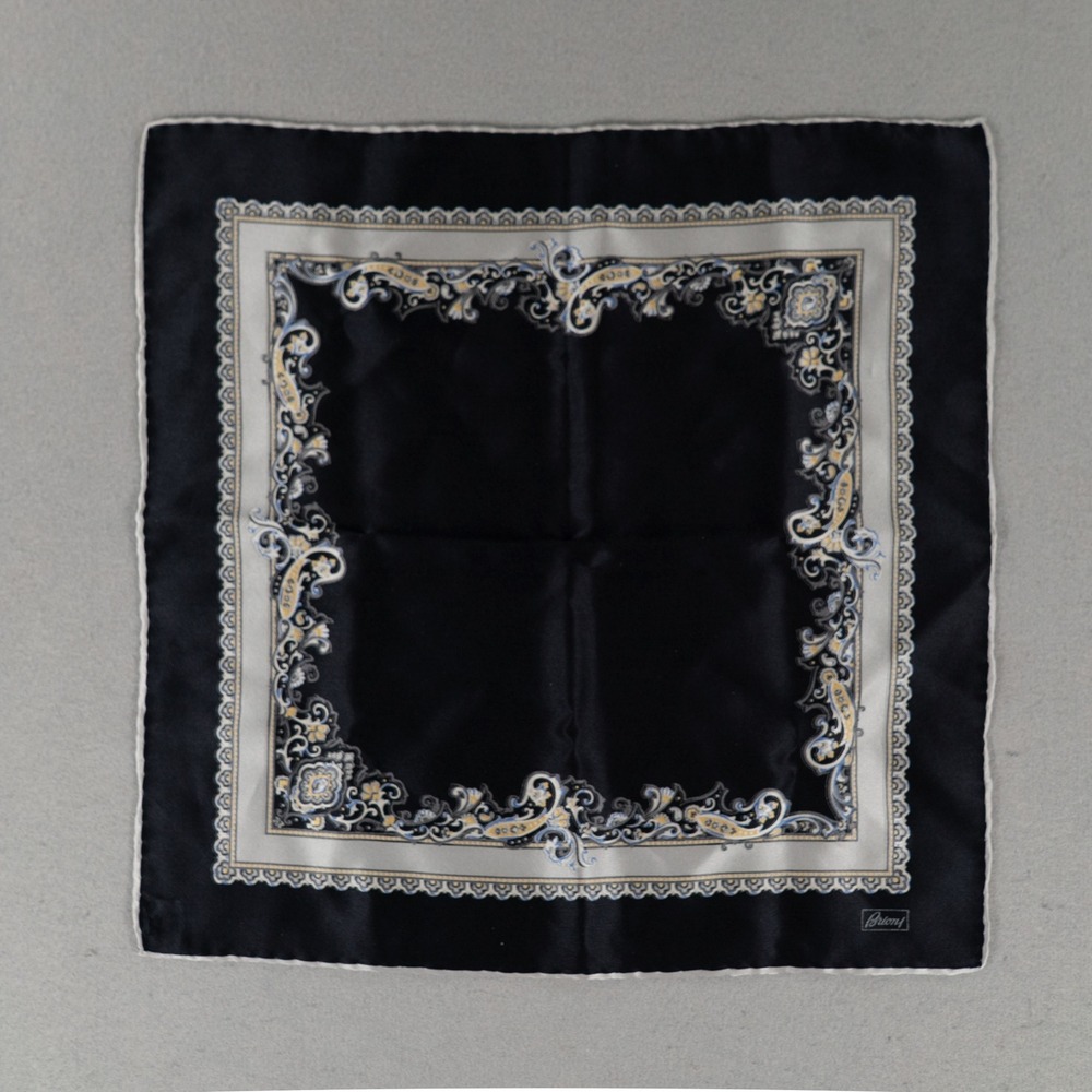 Brioni Mens Pocket Square Silk Paisley Border Black Silver Handkerchief OS
